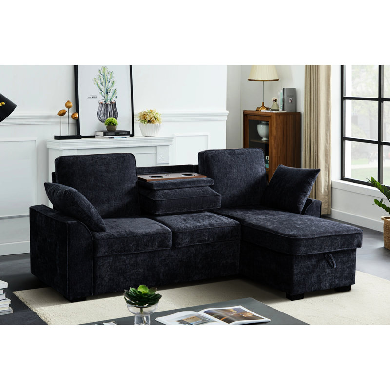 Canapé modulaire avec plateau amovible et porte-gobelets, méridienne convertible avec rangement modulaire, support en chenille 3 places bleu foncé intégré, rangement dissimulé, idéal pour les pizzas