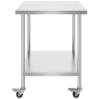 Stainless Steel Work Table, 38 Inch Height, Adjustable Shelf, Wheels Included