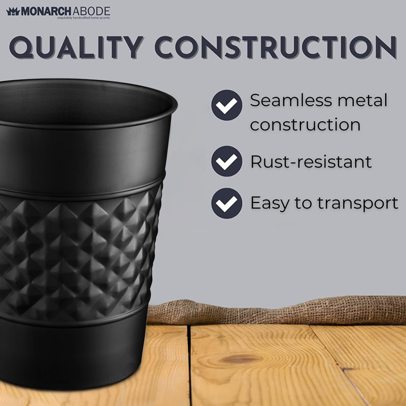 Matte Black Geometric Embossed Metal Bathroom Trash Can