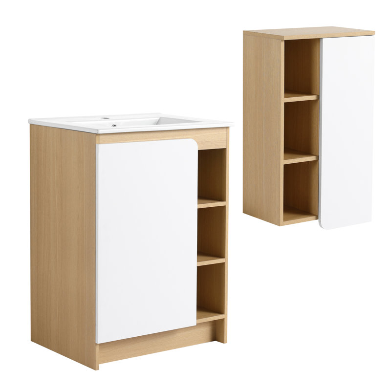 Meubles-lavabos modernes de 10 pouces (incluant le meuble et le lavabo) avec rangement, contreplaqué de chêne clair