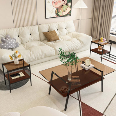 Coffee Table And End Tables Set Of 3, Tempered Glass Table With MDF Layer