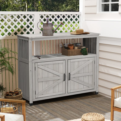 42" W Cedar Wood Outdoor Patio Bar Cabinet with Storage and Serving Station
