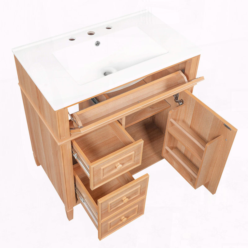 Meuble-lavabo en bois massif de 30 po avec tiroir rabattable et fermeture en douceur, Natural