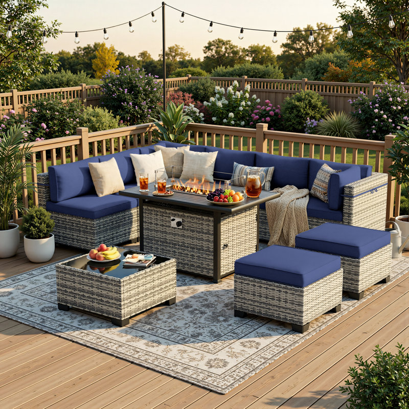 10-Piece Outdoor Patio Conversation Set With 55,000 BTU Propane Fire Pit Table, Wicker Sectional Sofa, 2 Ottomans & Coffee Table