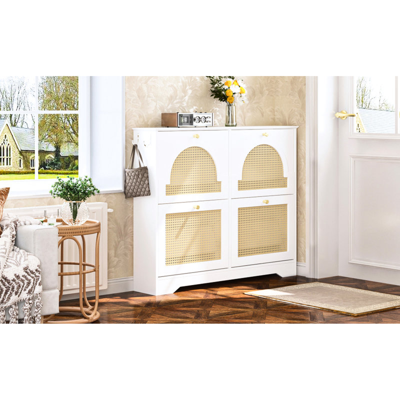Elegant Mid - Century White Shoe Cabinet With 4 Flip Drawers, 2 Hooks For Umbrella Hanging, Freestanding In Hallway, Tip , Felt Pads At Bottom, Ideal Storage Hallway Narrow Organizer Umbrellas,