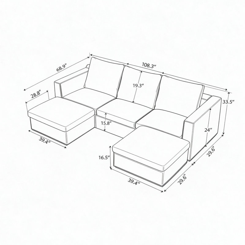 Canapé 3 places en lin vert avec 2 poufs, ensemble de canapés modulaires rembourrés
