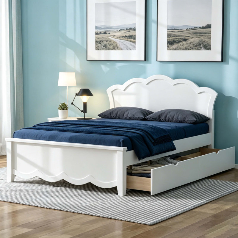 Lit plateforme double en bois avec tête de lit festonnée et 2 tiroirs de rangement sous le lit, structure de lit en bois massif blanc, capacité de 600 lb, aucun sommier nécessaire