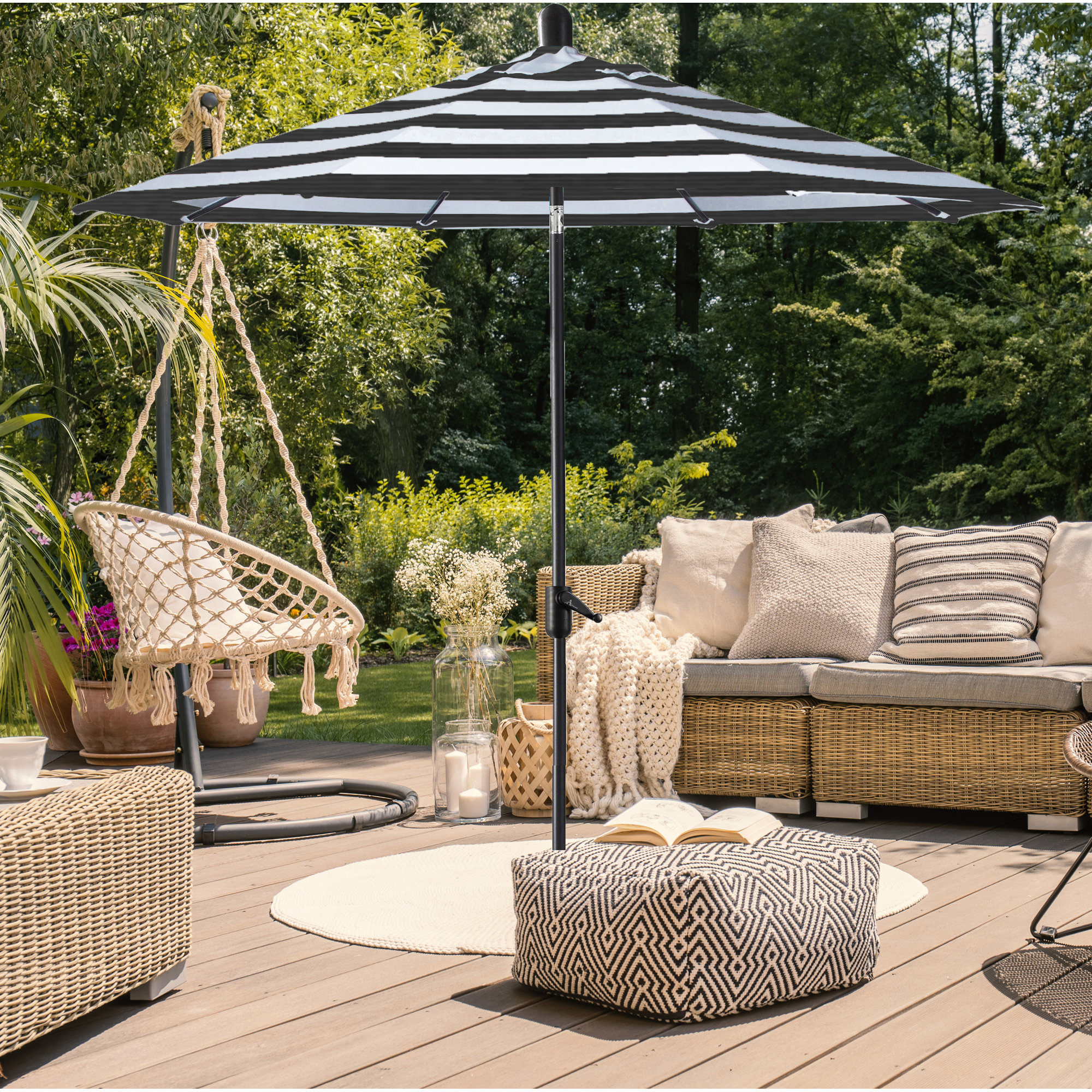 Natalie 8' 8" Market Sunbrella® Umbrella, Black Sapphire, Black Stripe Sunbrella®