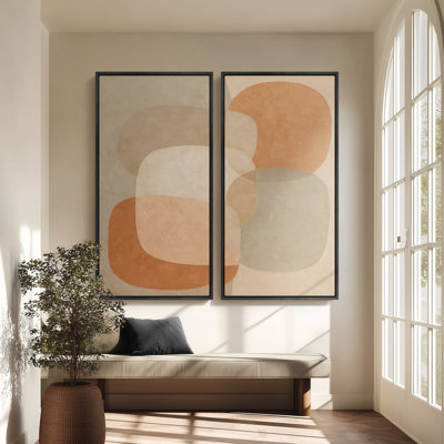 Soft Overlapping Shapes Warm Abstract for Living Room - Set of 2 Framed Wall Art Print on Canvas