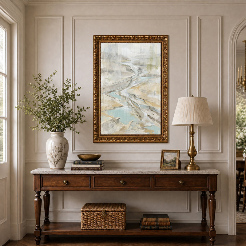 «Abstract River Valley», art mural sur toile beige et bleu, H 24 po x l 16 po
