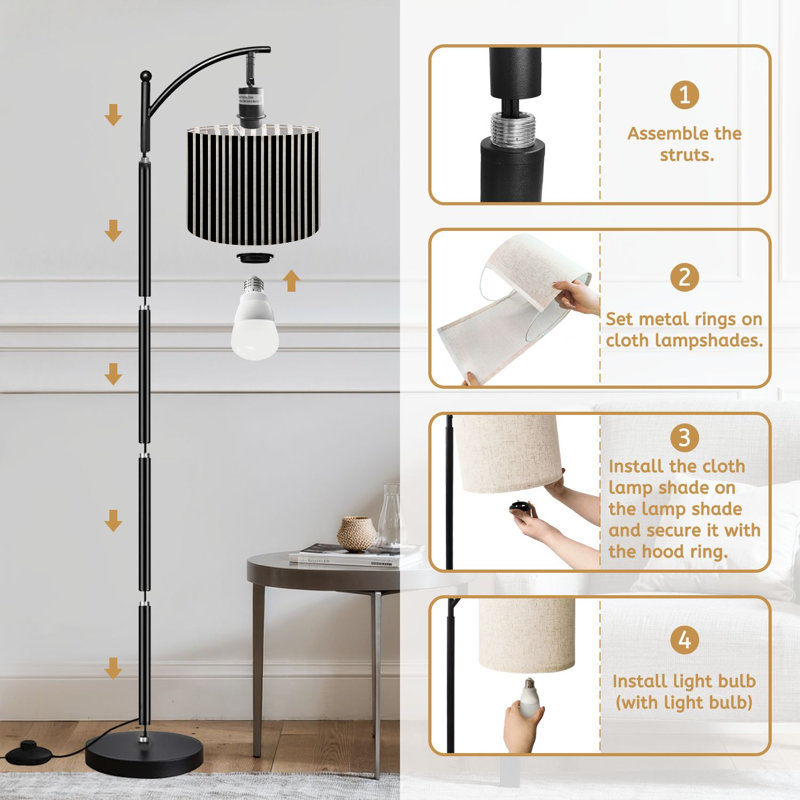  Arc Floor Lamp Striped black white Tall Modern Standing Lamp LED Adjustable Linen Lampshade 3 Color Temperatures