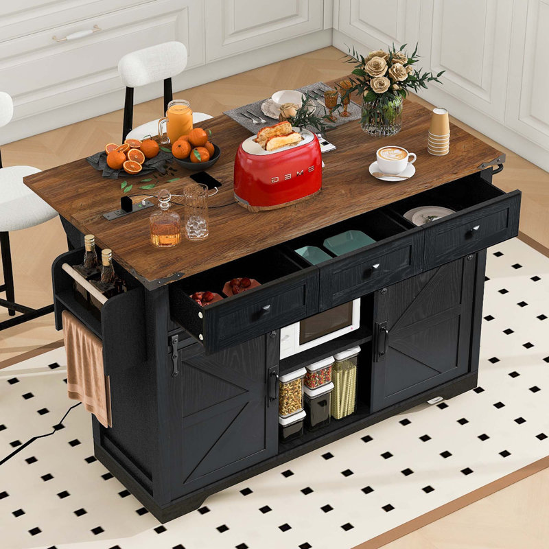 Îlot de cuisine en bois avec abattant l 53,7 po, Noir