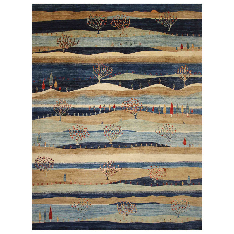 Tapis bleu et multicolore de haute qualité noué à la main