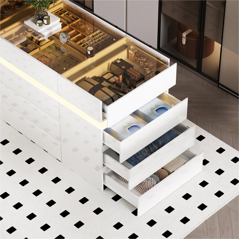 Modern Closet Island with 16 Drawers, Walk-in Closet Equipped with Tempered Glass-top, Adjustable LED Lights, White