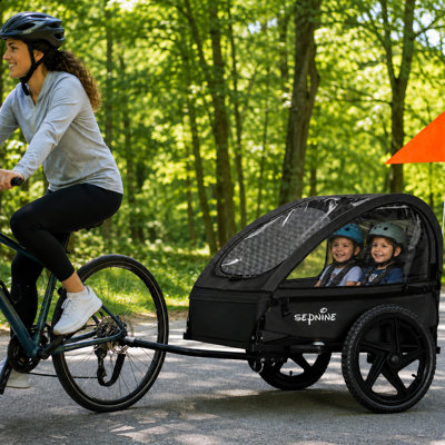  2-Seat Black Foldable Kids Bike Trailer with Storage Bag and waterproof curtain
