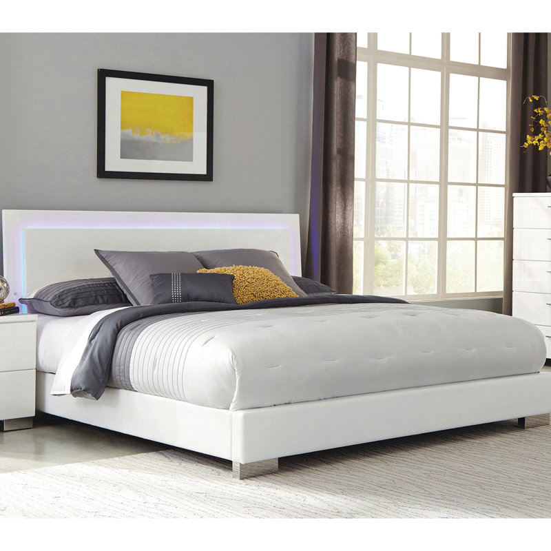 Très grand lit avec finition blanc brillant, design à DEL moderne, interrupteur tactile, similicuir, hauteur de 48,5 po, largeur de 75,5 po, longueur de 91,5 po, cadre sophistiqué pour chambre à coucher, charme lisse