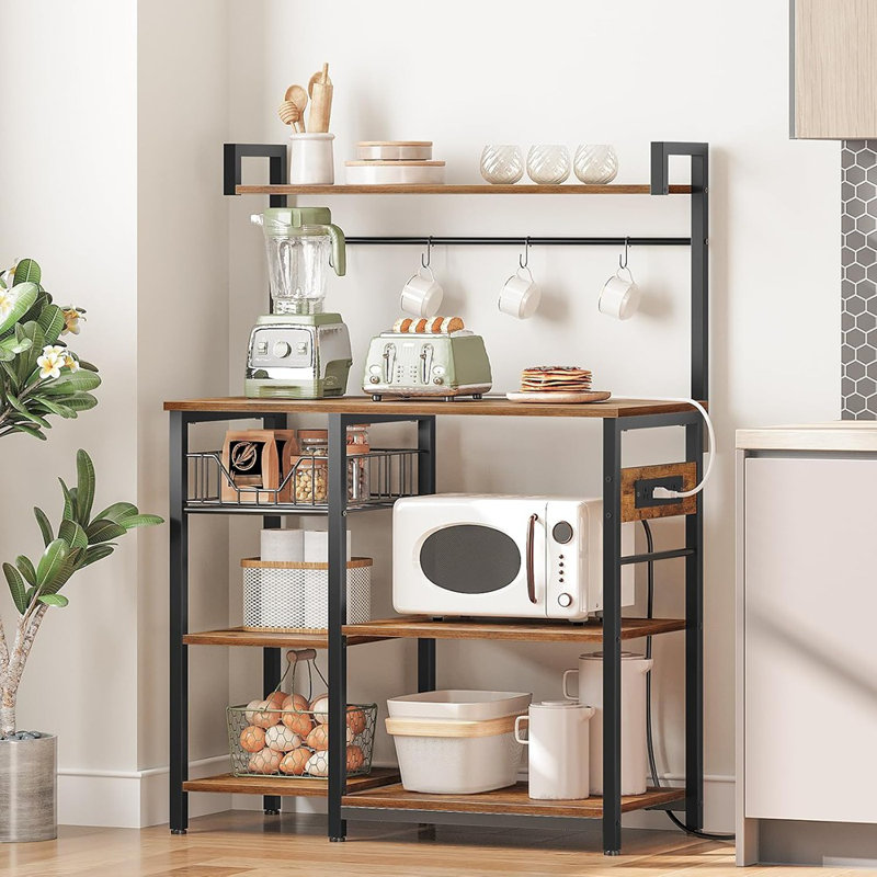 Baker’S Rack With Power Outlet, 35.4-Inch Coffee Bar Stand With Mesh Basket And Microwave Shelf, Kitchen Storage Rack With 4 S-Shaped Hooks – Rustic Brown