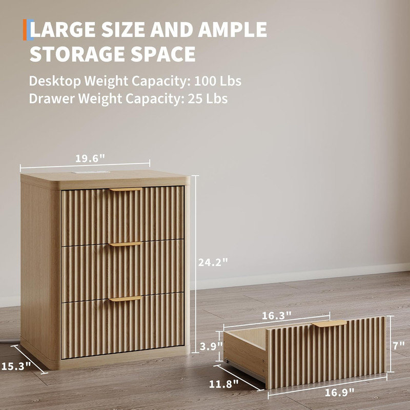 Fluted Nightstand with Charging Station, 1-3 Drawers for Bedroom & Living Room, Brown, Individual
