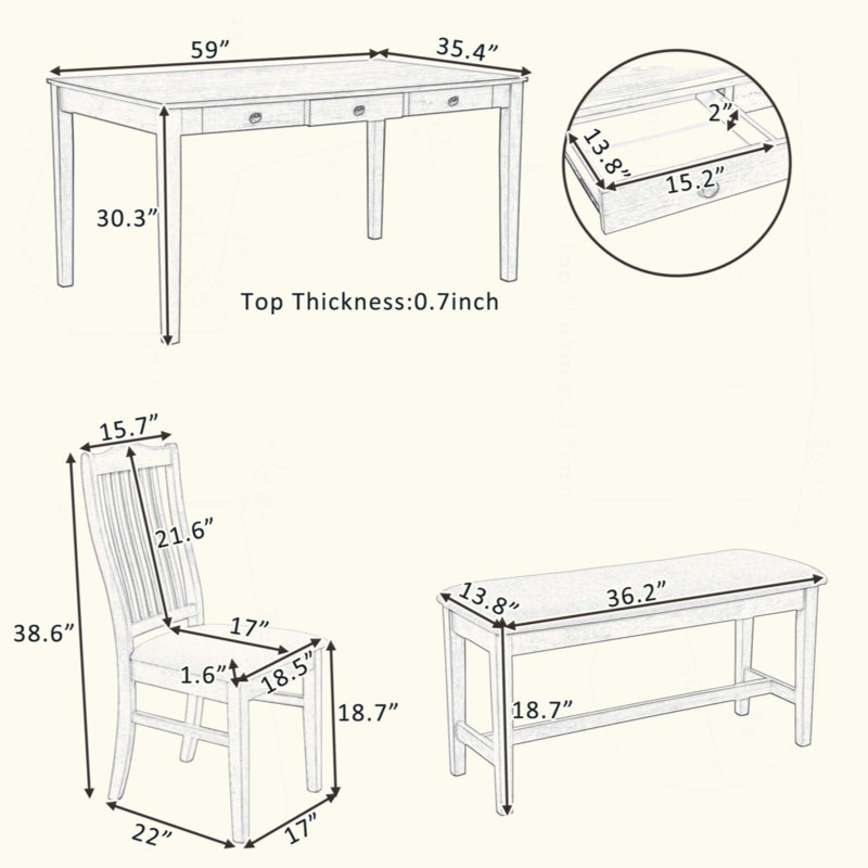 Ensemble de table de salle à manger en bois Mid-Century 6 pièces, ensemble de table de cuisine avec tiroir, chaises rembourrées et banc