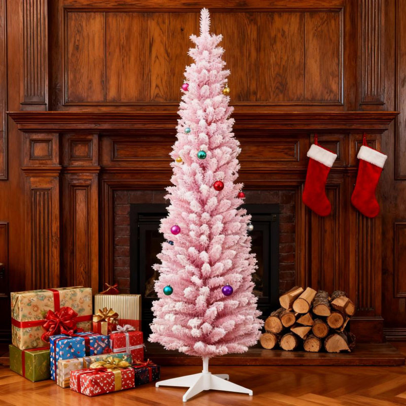 Arbres de Noël réalistes enneigé, structure en métal rose, style crayon moderne pour la maison