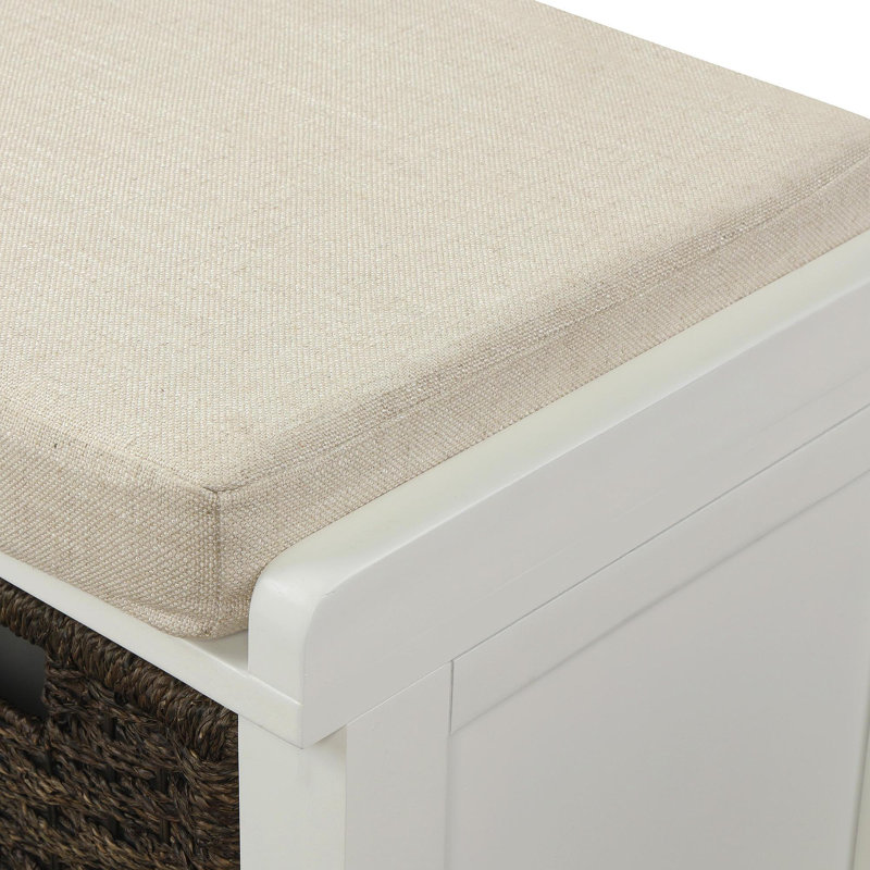 Rustic Storage Bench With 3 Removable Classic Rattan Basket , Entryway Bench Storage Bench With Removable Cushion (White)