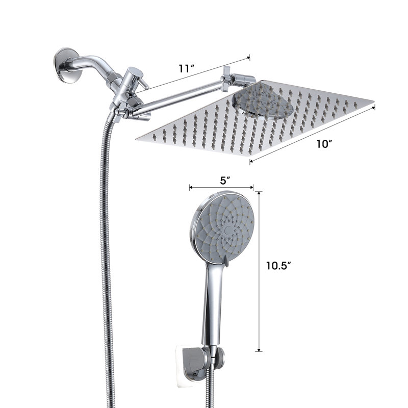 Pomme de douche 10 po: à forte pluie et à main, bras de 11 po, 6 modes de jet, autonettoyante, acier inoxydable, fuite, fixation murale, carré: à main avec motifs, sans fuite, douche, débit d'eau réglable