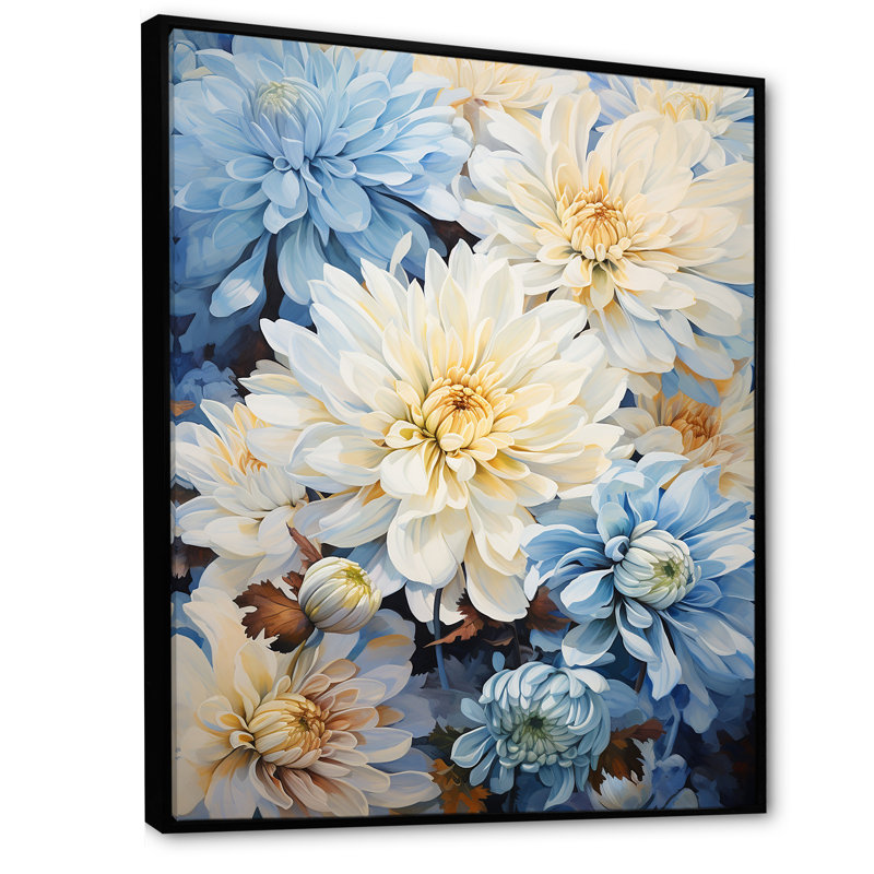 «Garden Bliss Mums» en blanc et bleu IV sur toile, Cadre flottant noir, H 44 po x l 34 po x P 1,5 po