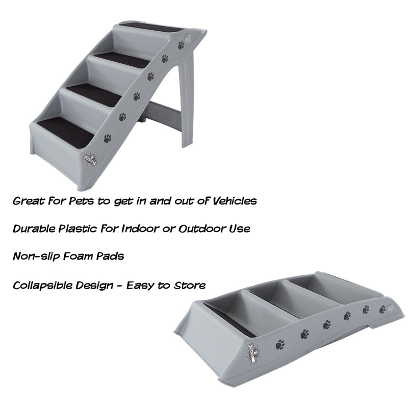 Gray Foldable 4-Step Plastic Pet Stairs with Paw Prints