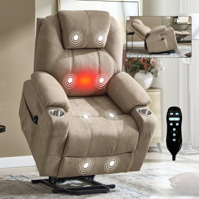 Up To 350 LBS Polyester Power Lift Recliner Chair, Heavy Duty Motion Mechanism With 8-Point Vibration Massage And Lumbar Heating, USB And Type-C Ports, Stainless Steel Cup Holders, Khaki