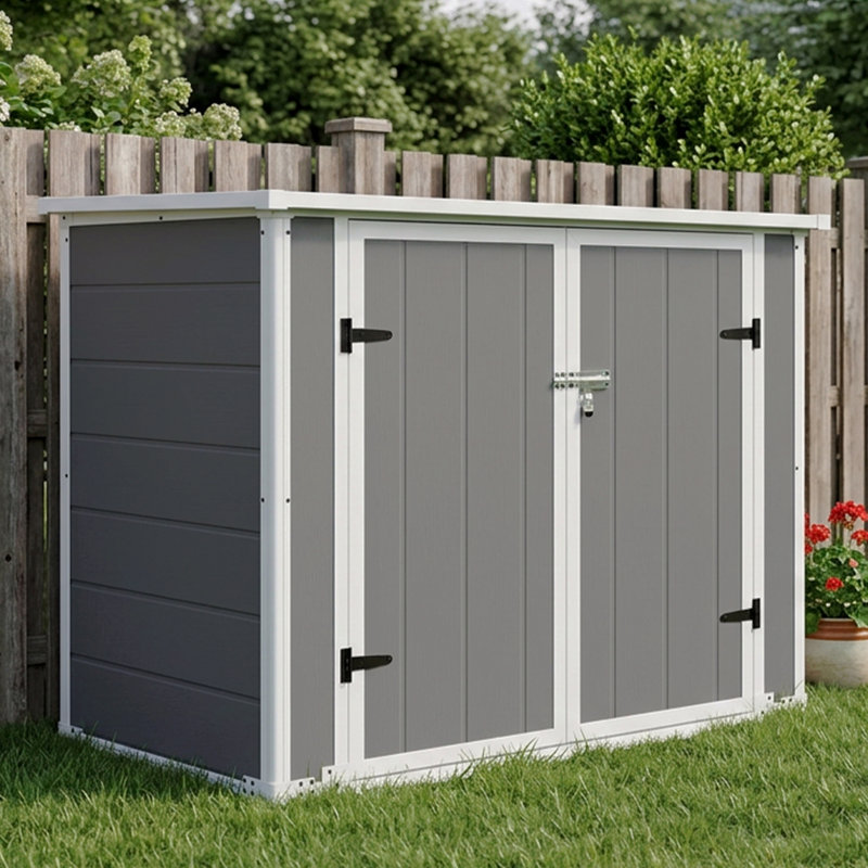Remise de rangement horizontale horizontale avec rampe et couvercle hydraulique, armoire de rangement imperméable et verrouillable pour poubelles, outils et bois de chauffage