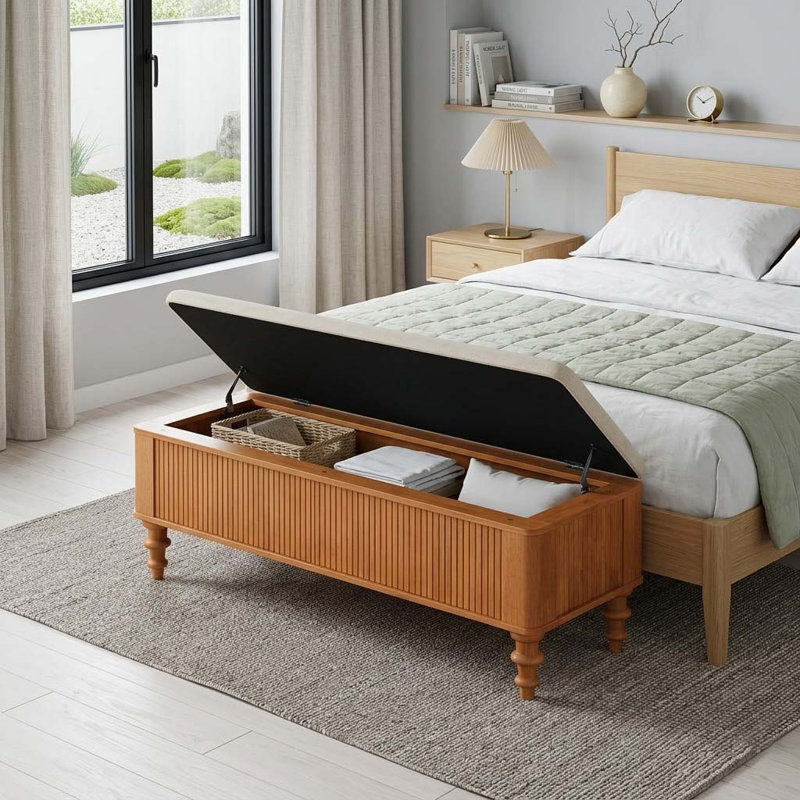 Banc de rangement multi-fonctionnel avec repose-pieds en bois d'hévéa massif et siège en lin