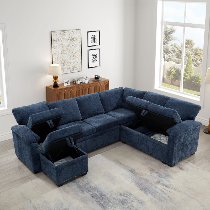 Canapé d'angle modulaire en L 97 po avec siège et repose-pieds de rangement en L 97 po, canapé d'angle en chenille avec 7 sièges et 2 coussins pour le salon, bleu foncé