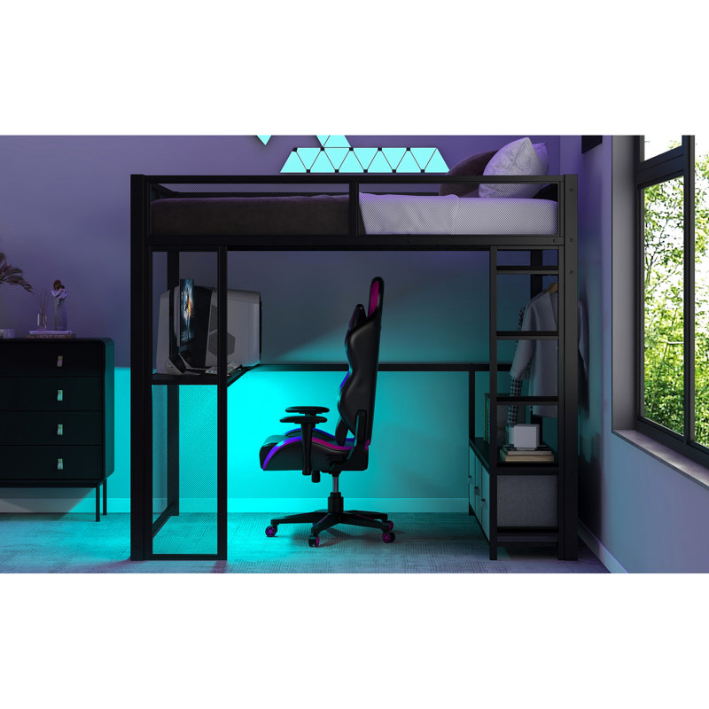 Lit mezzanine de jeu noir en métal pleine grandeur avec rangement à DEL, bureau, garde-robe ouverte et 3 tiroirs pour le rangement des nécessités quotidiennes