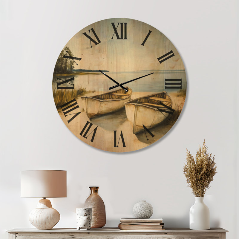 Horloge murale décorative « Deux canots au repos » - Beige Cabin, imprimée sur bois, Médium