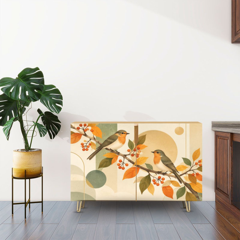 Buffet à deux portes avec motif charmant d'oiseaux, de branches et de feuilles d'automne. Console moderne et géométrique en bois, meuble de rangement sur pied, idéale pour la cuisine, la salle à manger, le salon, l'entrée ou comme coin café.