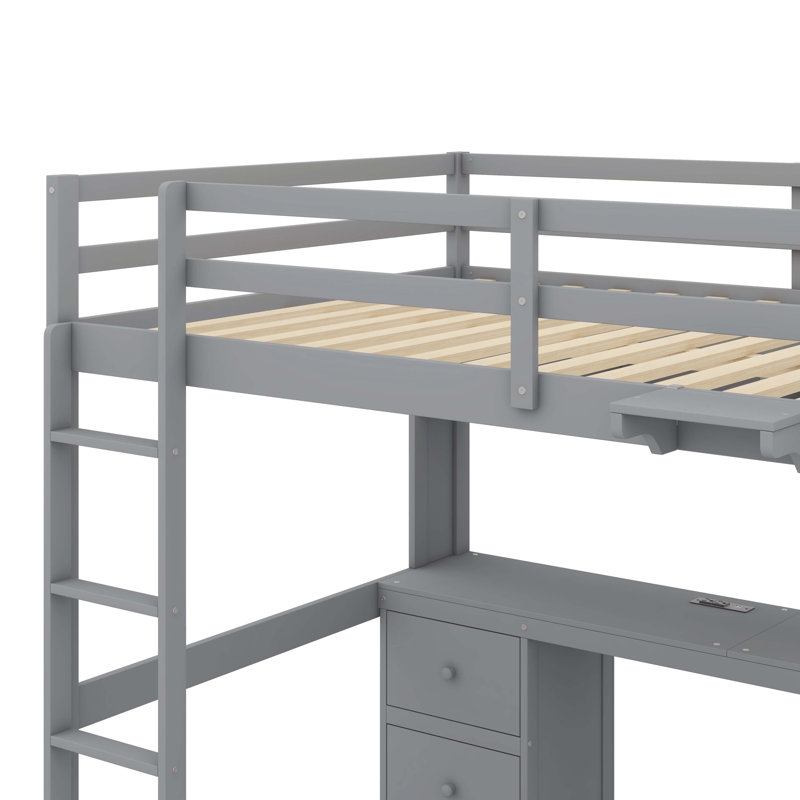Élégant lit mezzanine multifonctionnel avec tiroirs de bureau et plateau de chevet, Gris