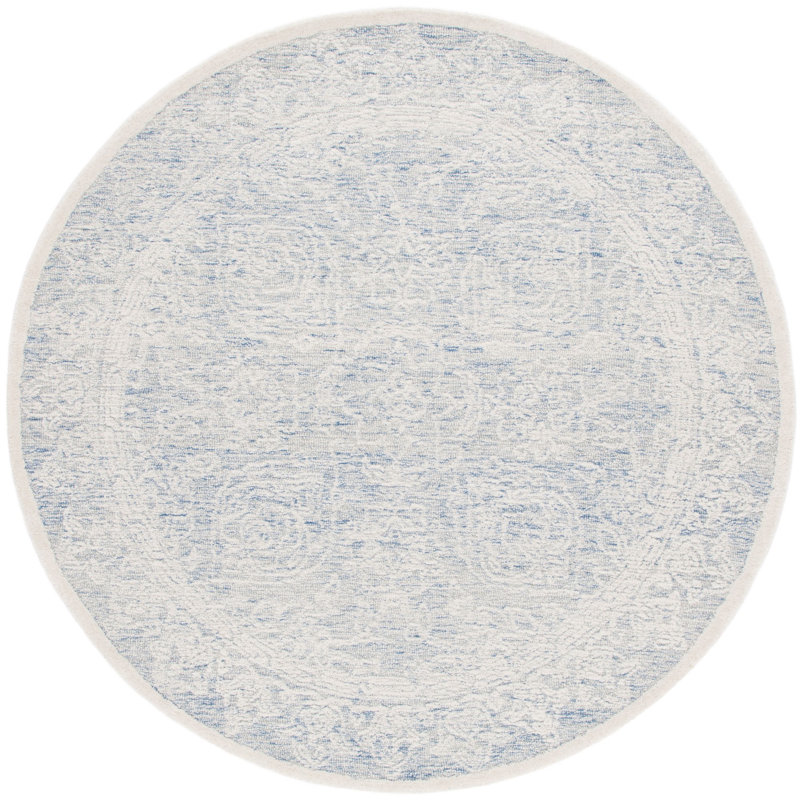 Tapis bleu / ivoire en coton et laine touffetés à la main Kayllie, Rond 6 pi