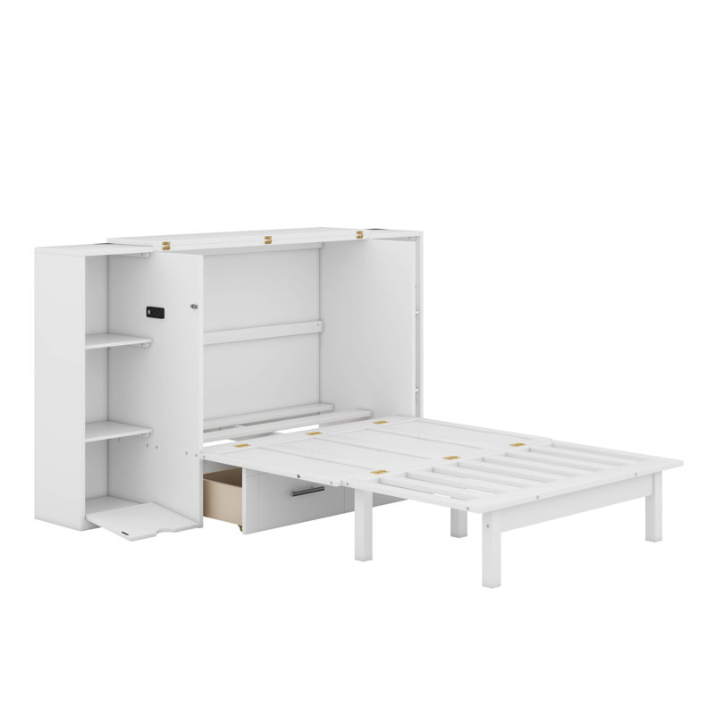 Lit escamotable avec tablettes, tiroirs et ports USB Murphy, Grand lit, Blanc