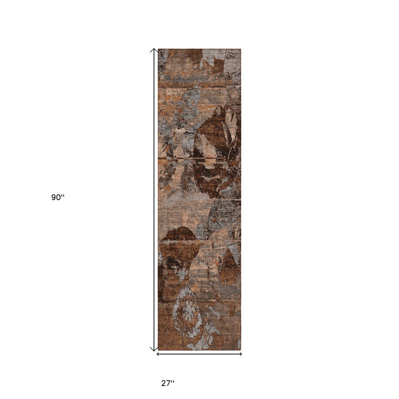 Tapis de couloir intérieur 8 po brun terre cuite et gris floral lavable antidérapant