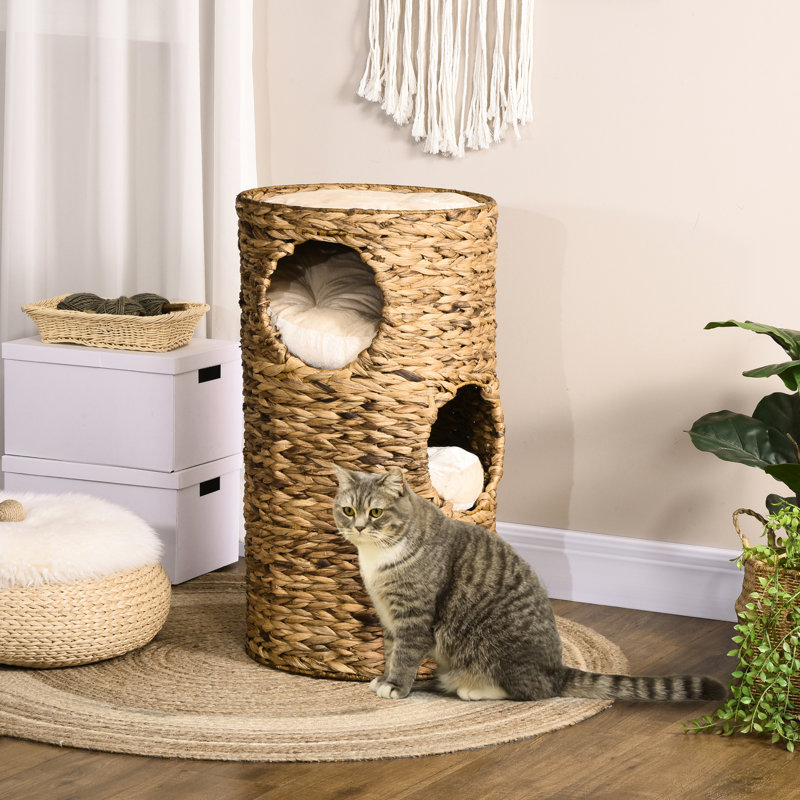Lit pour chat surélevé multi-couches avec trois zones cachées et quatre coussins - Tour tissée à la main pour les chats d'intérieur Grottes de chaton Un espace de sommeil paisible permettant d'économiser de l'espace.