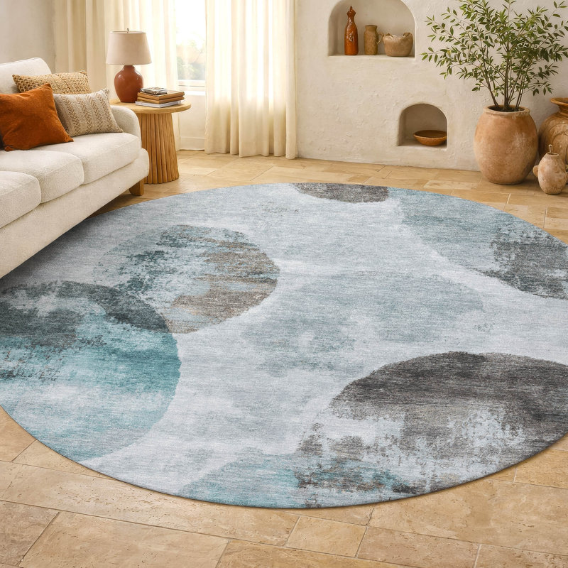 Tapis abstrait lavable à la machine de qualité supérieure Mayfield AMF2346, Bleu sarcelle, Rond 8 pi