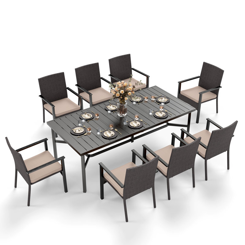 Sutiya 8 - Person Patio Dining Set Umbrella Hole Included Rectangular Table with Cushions Included, Beige