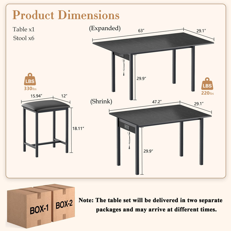 7 Pieces Expandable Dining Table Set For 4-6, Extendable Kitchen Table and 6 Dining Stools Set, Kitchen Table Set with Charging Station For Small Space