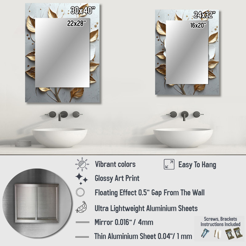 White And Gold Peony Bloom II - Peony Large Wall Mirror, White Decorative Mirror, Printed Metal Art, 32" x 24"