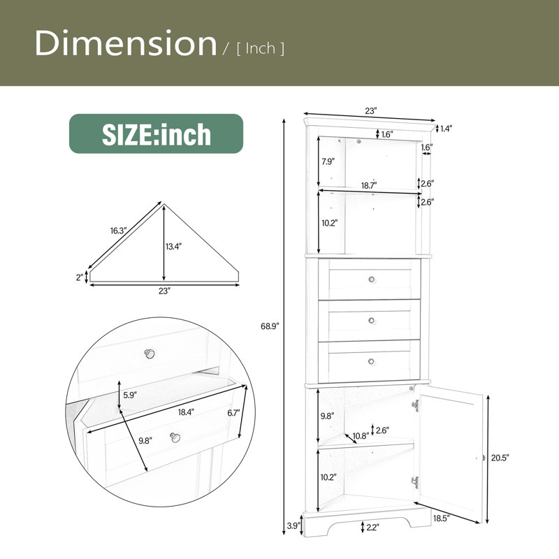 Grande armoire triangulaire blanche avec 3 tiroirs et tablettes réglables pour la salle de bain