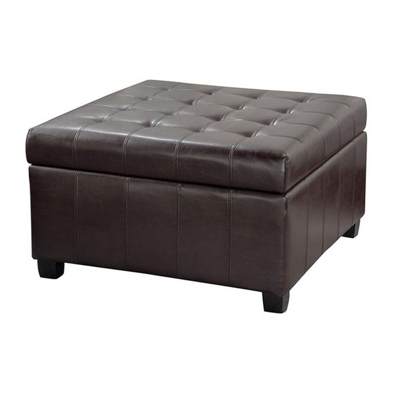 Cindy Storage Ottoman, 31 Inch Birch Wood, Brown Waffle Faux Leather