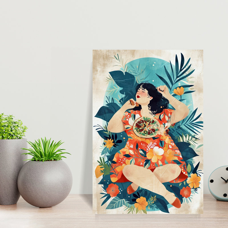 «Happy Woman Eating Pizza Tranquil Vibrant Nature Summer», art mural, 18" H x 12" W