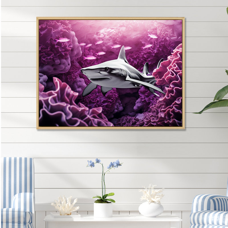 " Hammerhead Purple Sharks I ", 12" H x 20" W x 1" D, Natural Floater Framed