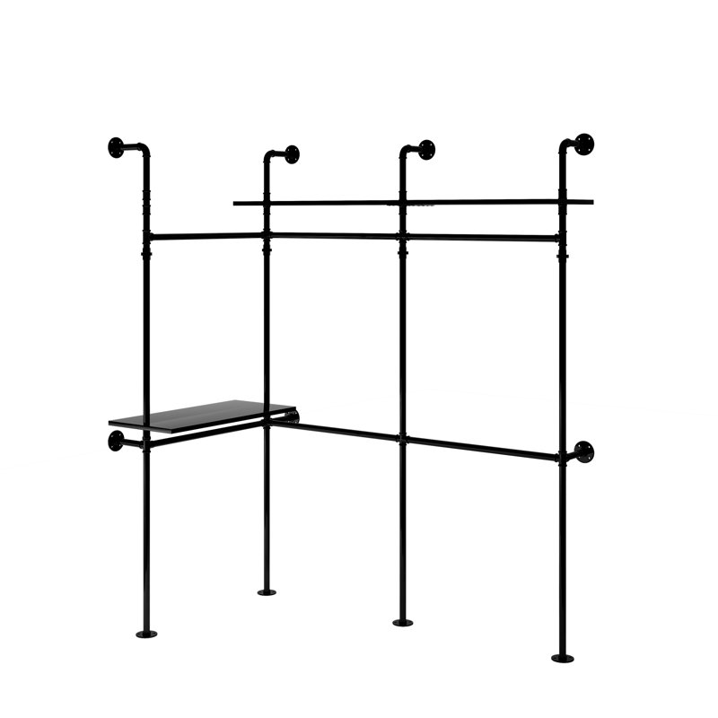 Adjustable 118" Heavy-Duty Metal Pipe Garment Rack with LED Light - Wall-Mounted Clothing Rail System for Warehouse/Commercial Use
