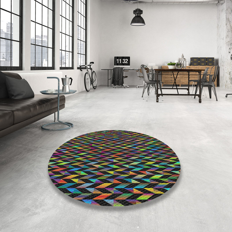 Tapis bleu à motif géométrique Prevost, Rond 7 pi